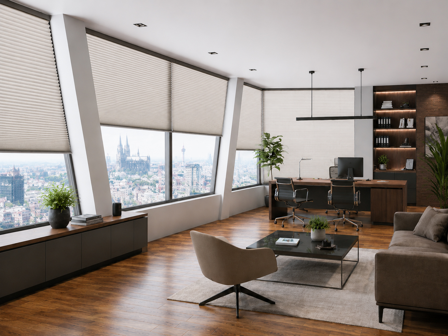 Trapezoidal window with honeycomb blind